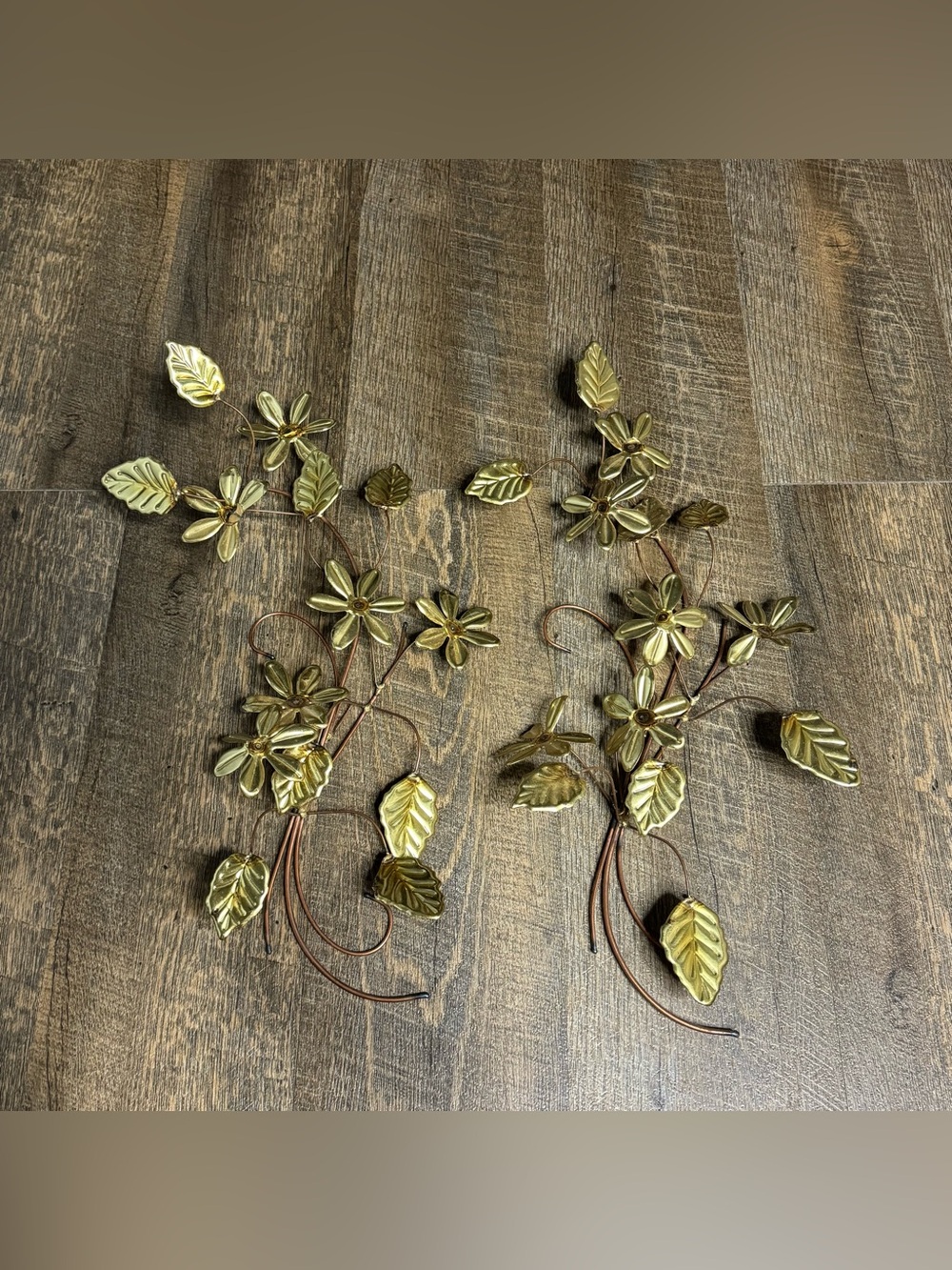 Floral Wall Hanging set of 2, Brass Copper Metal Wall Decor Flowers & Leaves